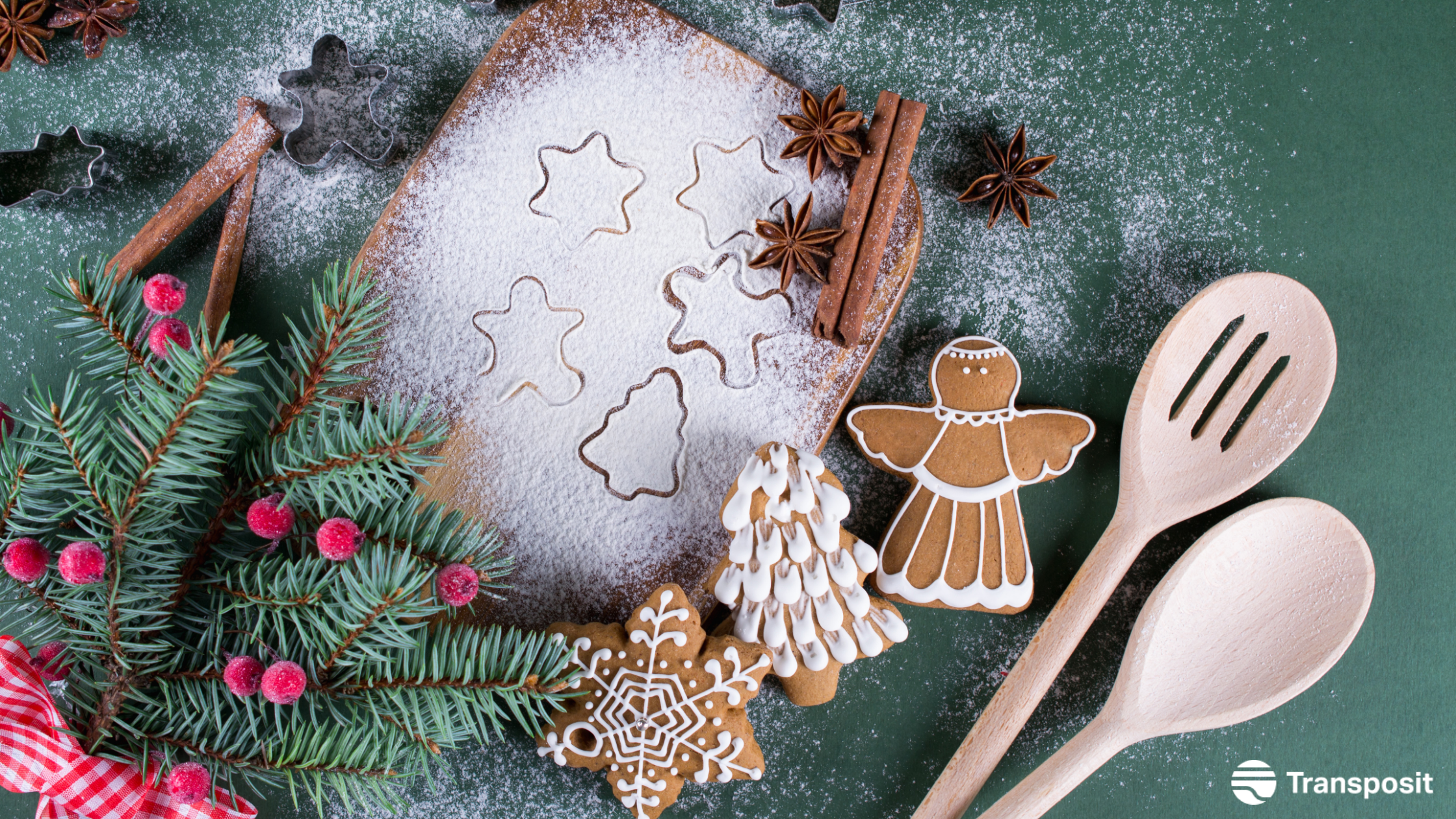 Baking tools, Holly, and Gingerbread cookies dusted in flour