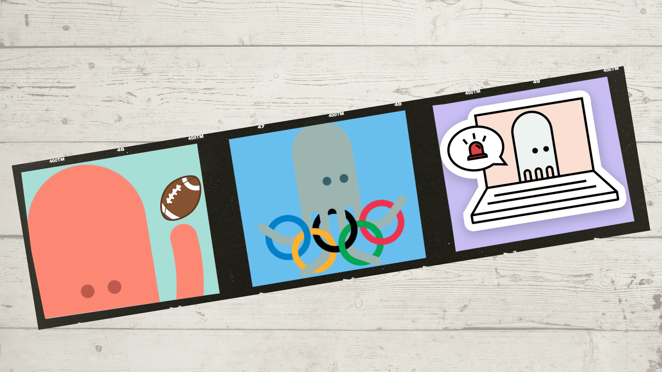 3 pictures of iggy the octopus: one playing american football, one with olympic rings, and one showing an alert on a laptop