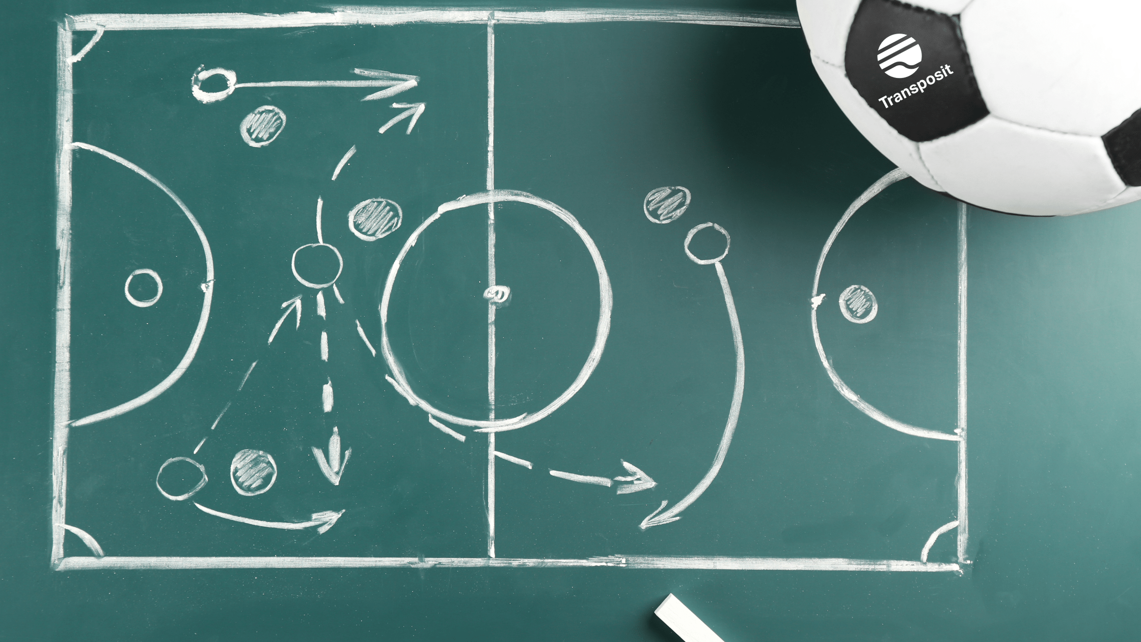 Chalkboard with soccer field exhibiting a possible play and a soccer ball in corner 
